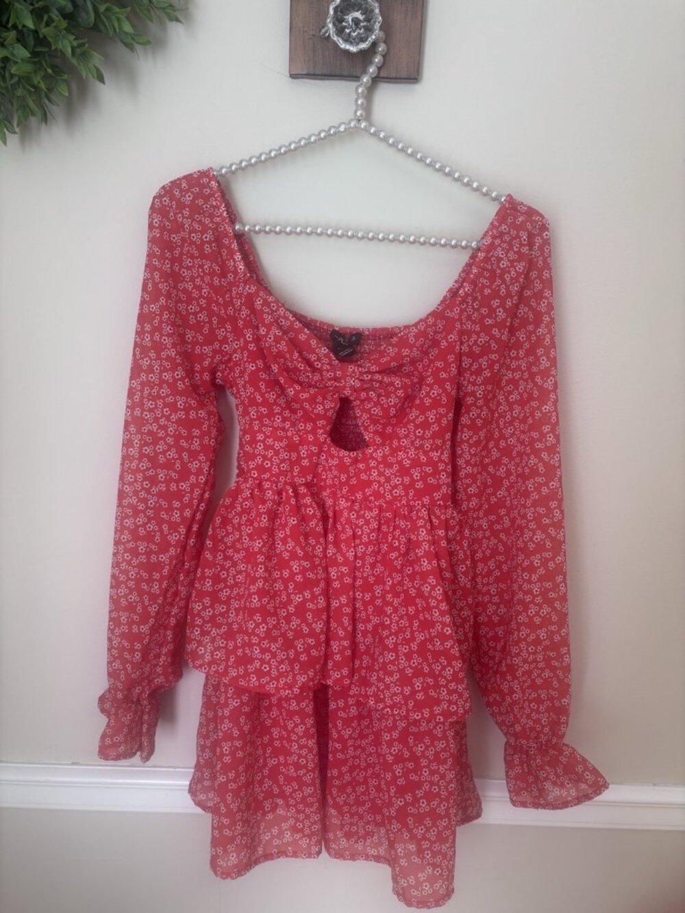 Arden B Womens Size Orange White Floral Dress Layered Smocked Long Sleeve